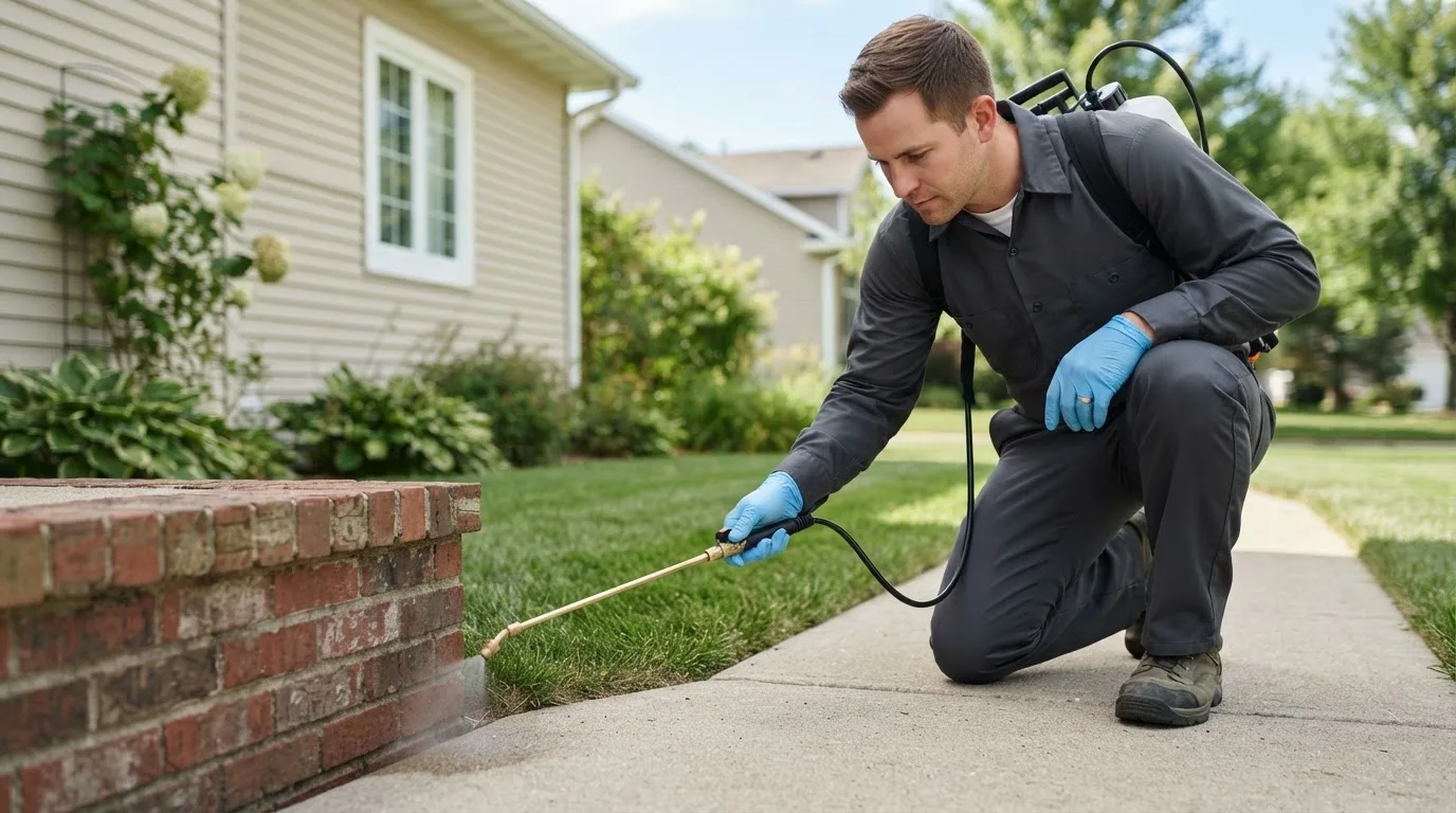 Pest control technician treating a home near Hawley, MN