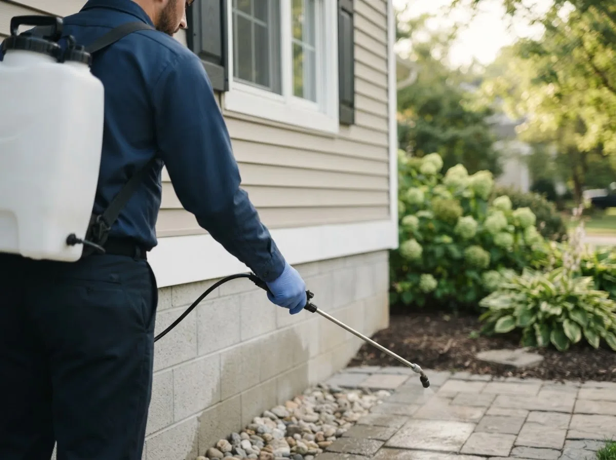 Pest control technician inspecting a home in Hawley, MN